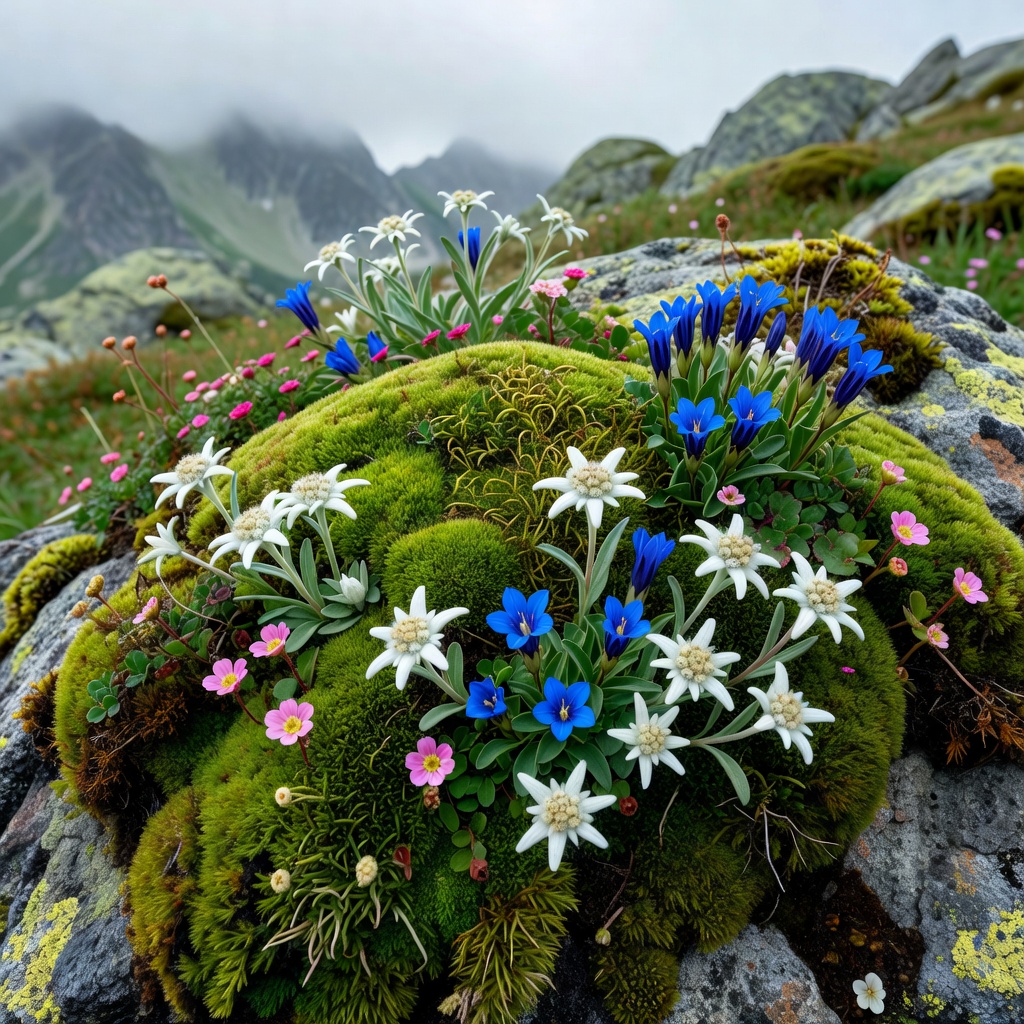 Alpine moss and wild mountain flora