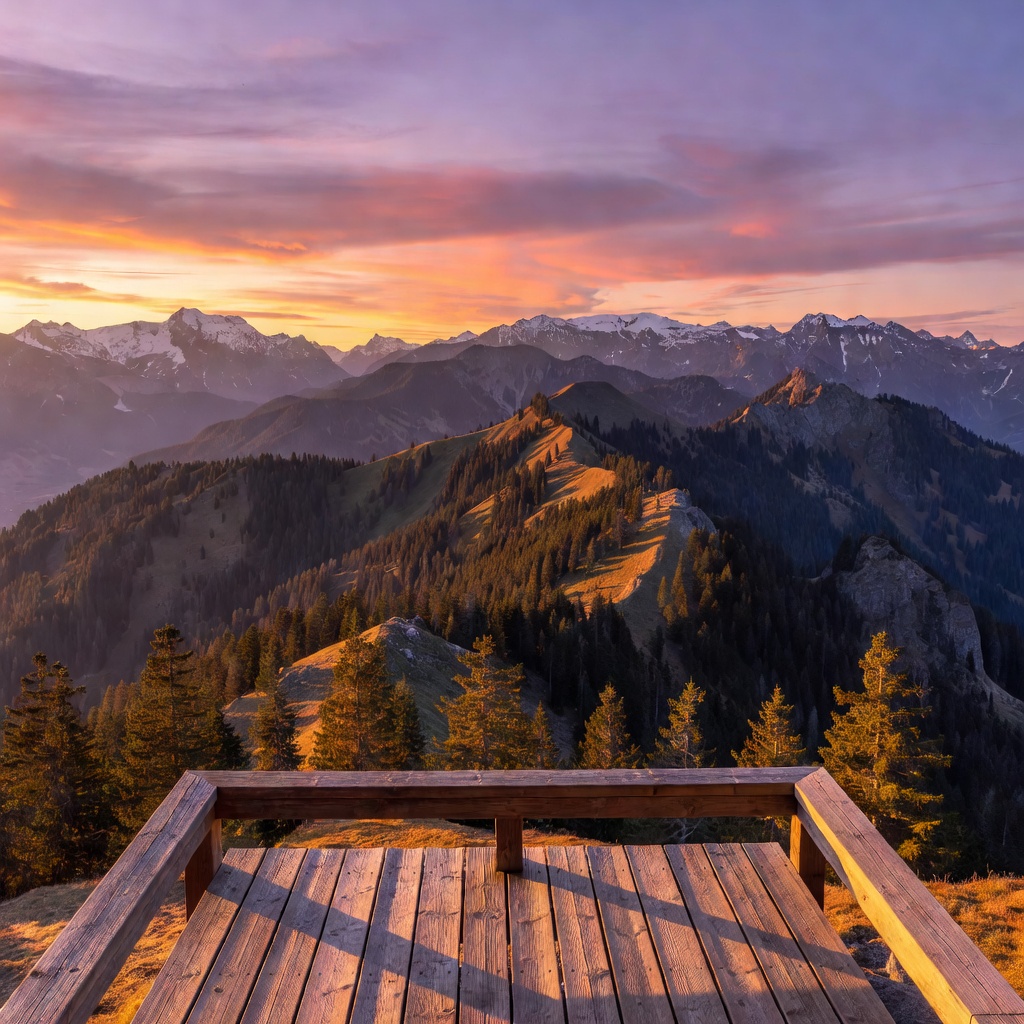 Alpine sunset over Appenzell mountain ridges viewed from wooden deck