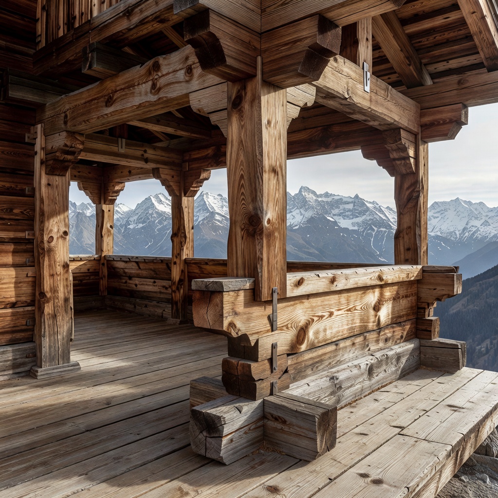 Architectural timber detail of Swiss mountain terrace