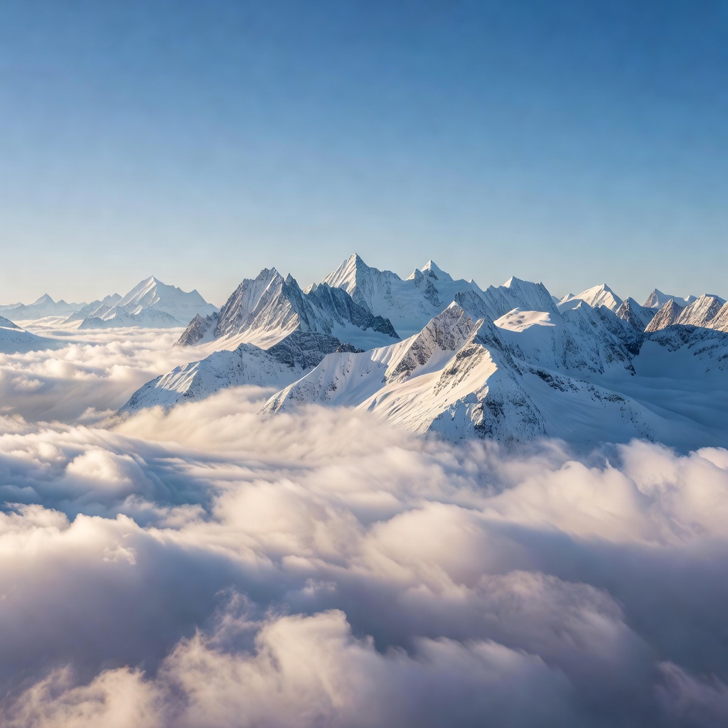 Distant Swiss alpine peaks rising above clouds