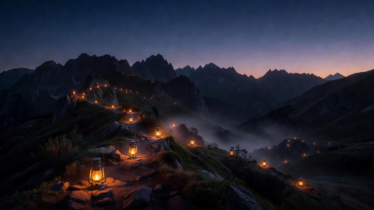 Dusk falling quietly over dark alpine ridgelines with atmospheric lanterns
