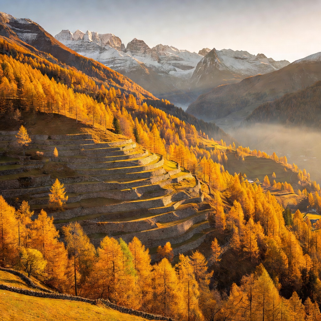 Golden autumnal colors in Swiss alpine forests and terraces