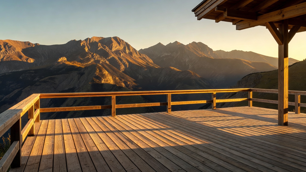 Golden sunlight illuminating the mountains and outdoor wooden terrace