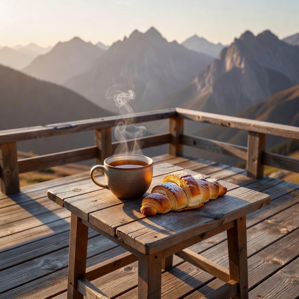Hot cup of mountain tea and pastry on outdoor wooden terrace