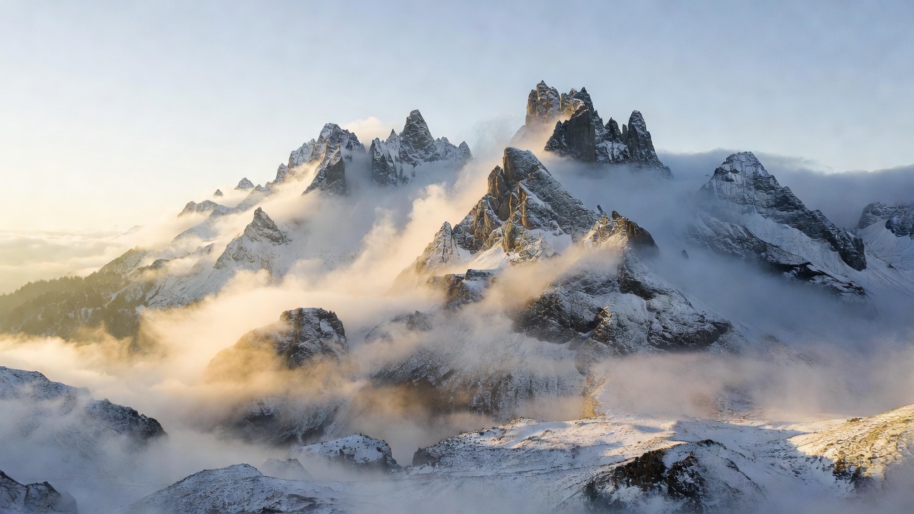 Morning mist clearing over mountain peaks in the Swiss Alps