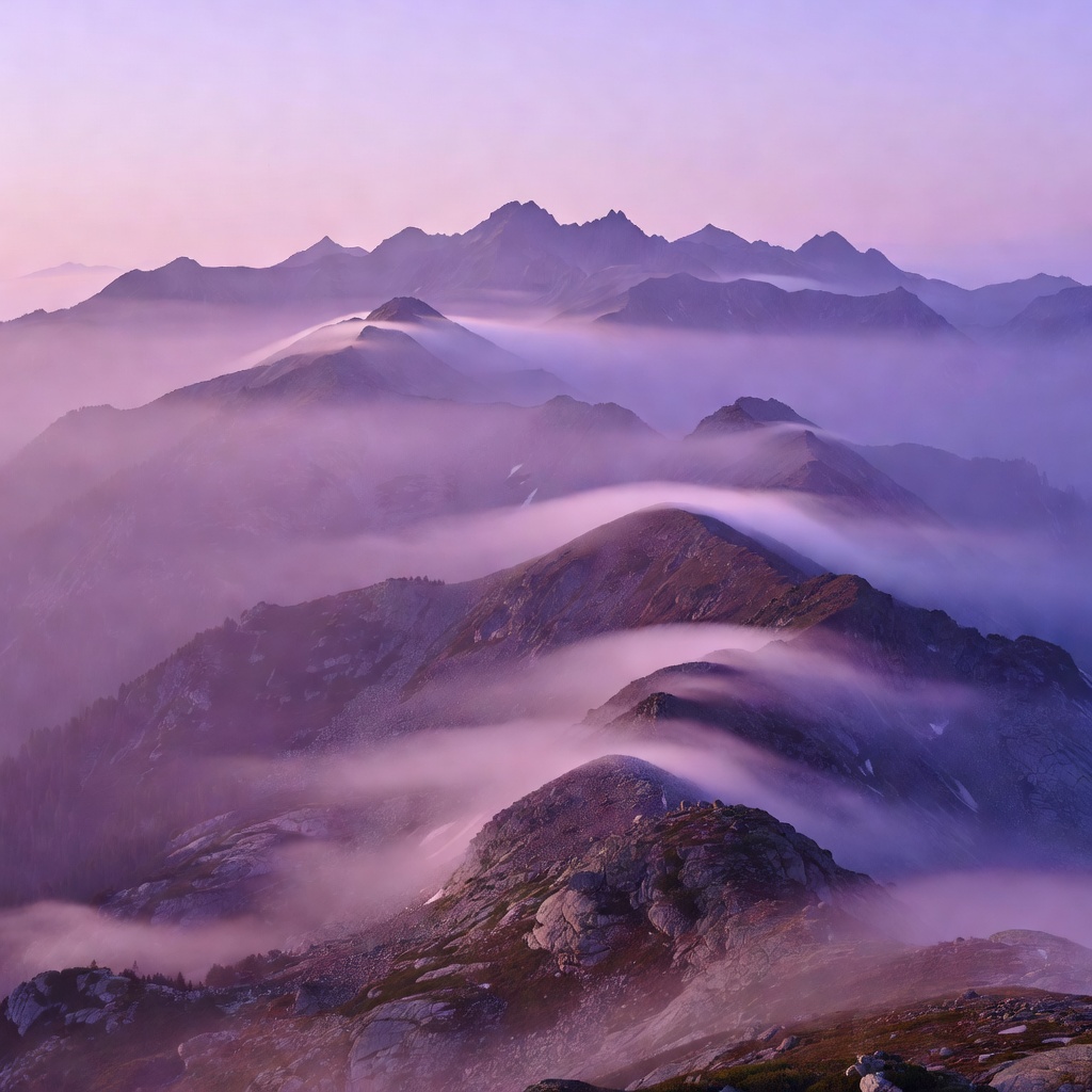 Mountain ridges bathed in gentle purple sunset mist