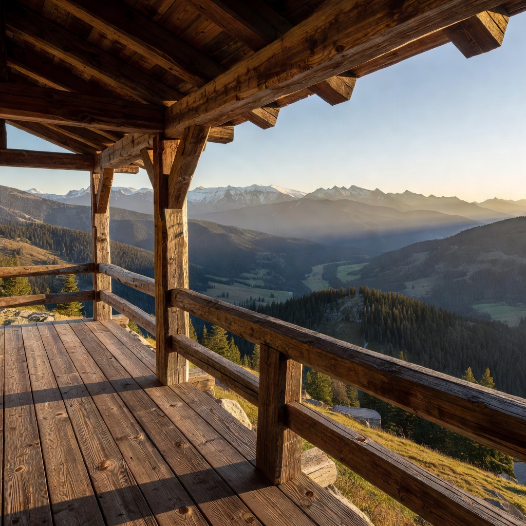 Mountain terrace with timber architecture and wide scenic views