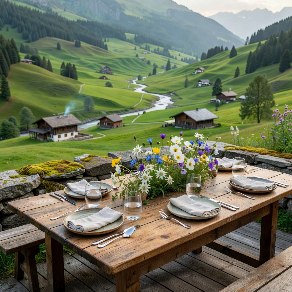 Outdoor table with tableware overlooking green Swiss valley