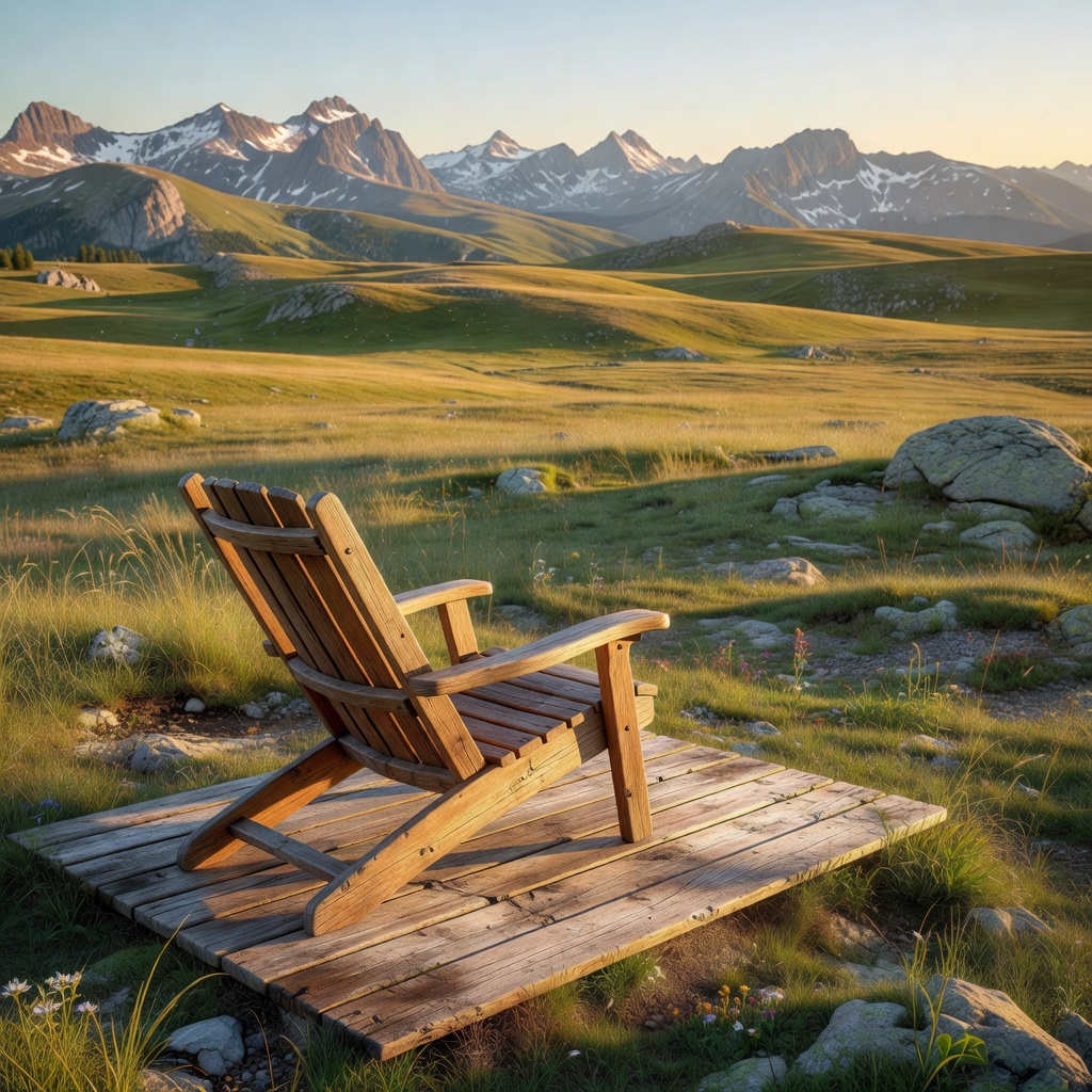Quiet wooden lounge chair overlooking high alpine meadows