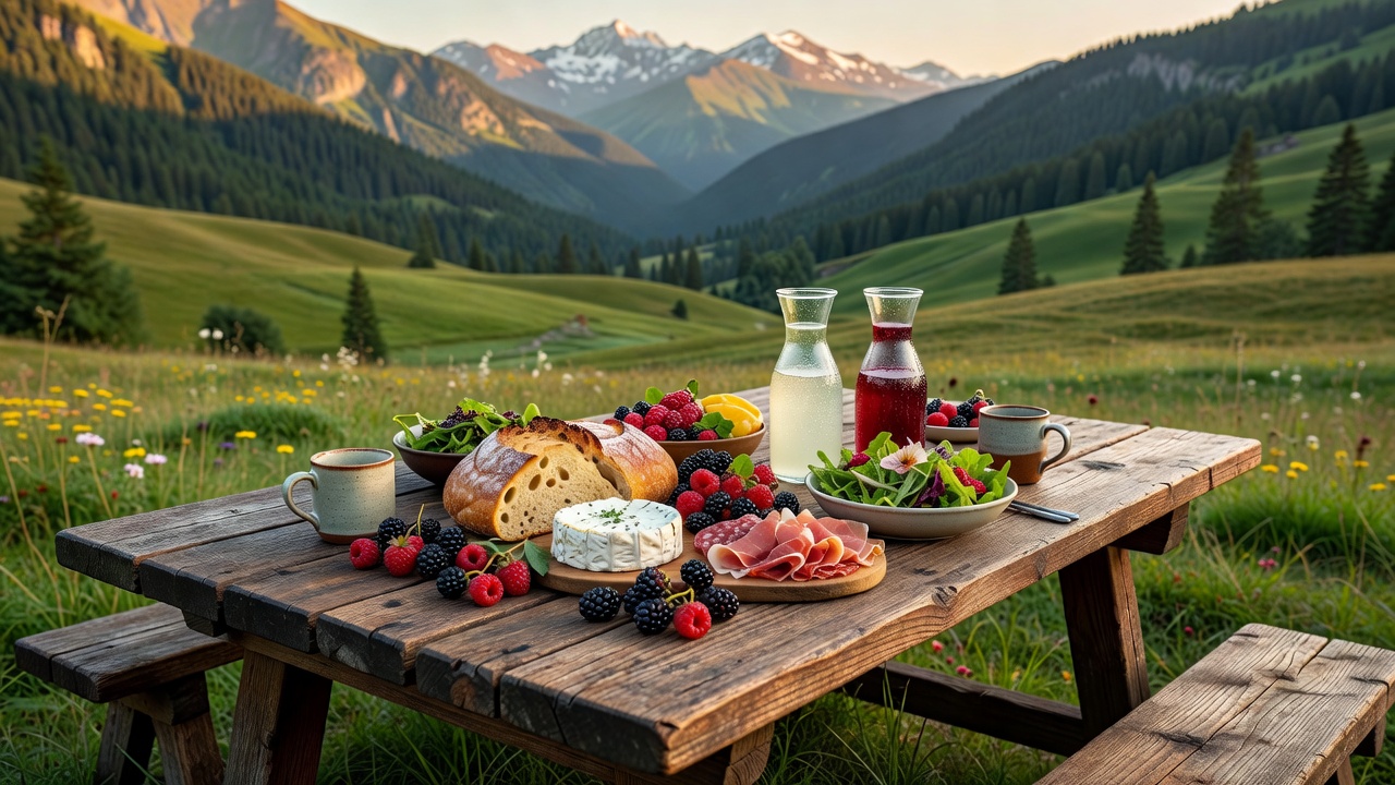 Relaxed outdoor wooden table set with fresh seasonal food and drinks with alpine valley backdrop