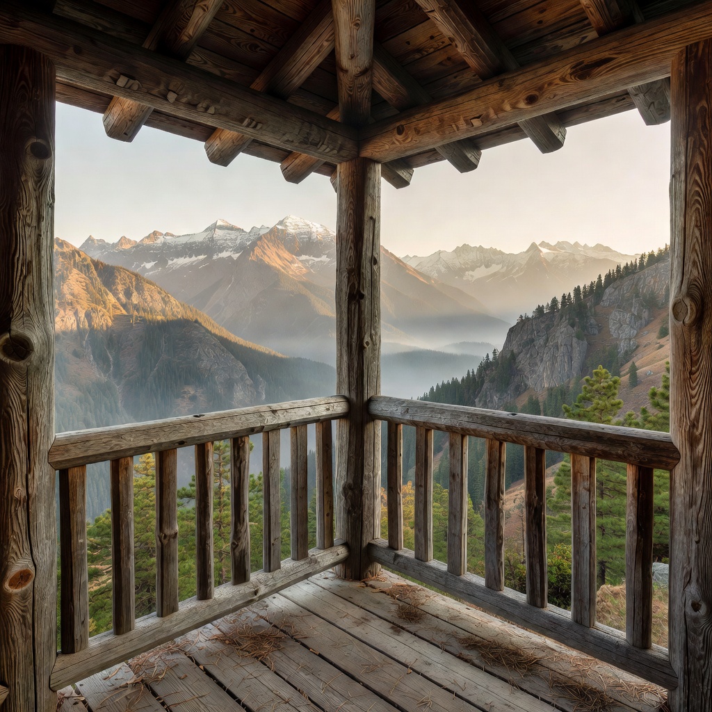 Secluded private timber balcony corner with panoramic mountain vistas