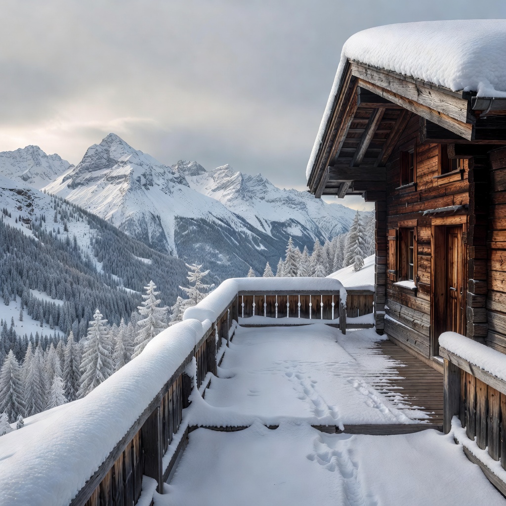 Snow covered wooden mountain chalet terrace overlooking frosted Swiss mountains