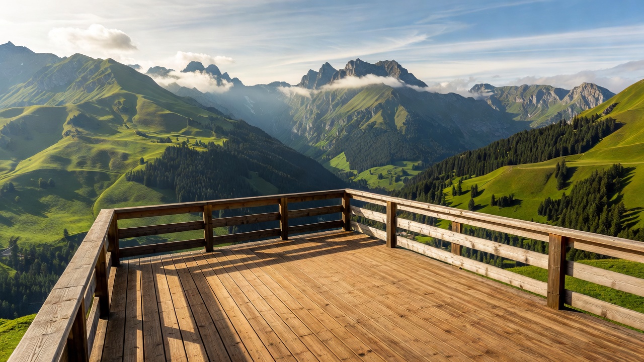 Spacious wooden Swiss mountain terrace overlooking deep green valleys and Appenzell peaks