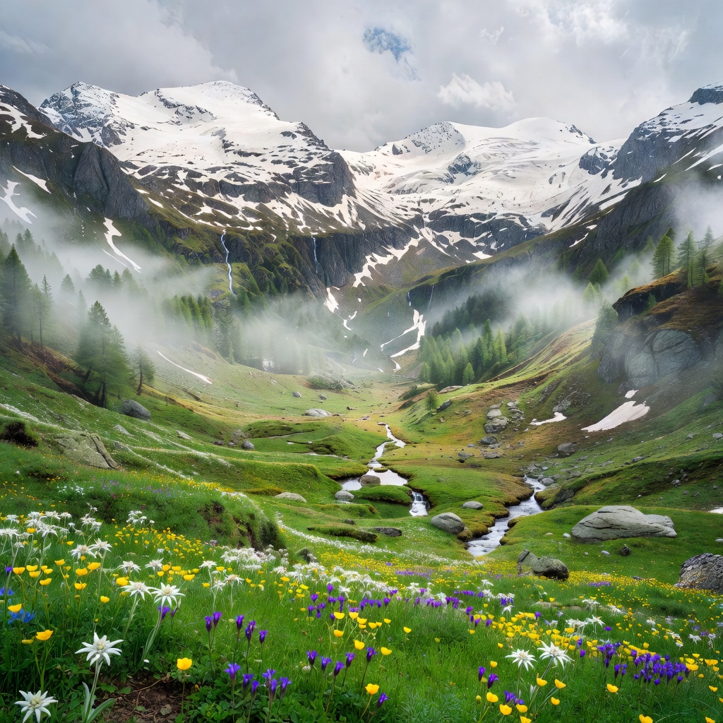 Spring awakening in Swiss mountain valleys with lush grass and lingering snow caps