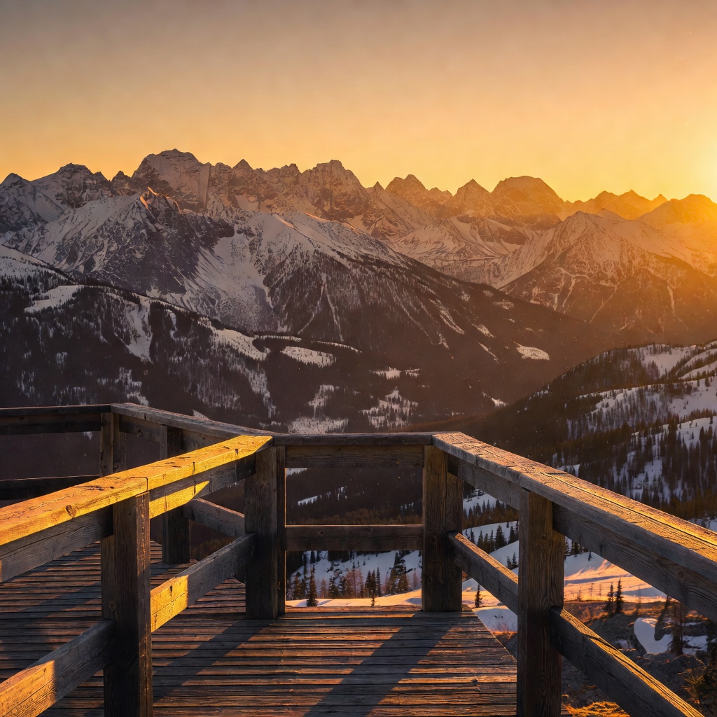 Sun setting over alpine peaks casting amber hues on wooden railings