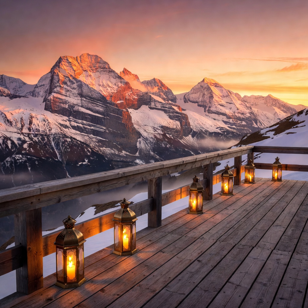Sunset glow settling over Swiss peaks with lanterns on terrace