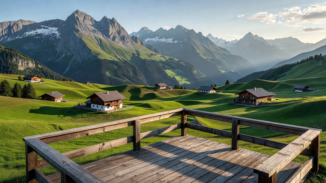 Timber mountain terrace looking out over verdant Swiss alpine pastures and mountains in Appenzell Innerrhoden