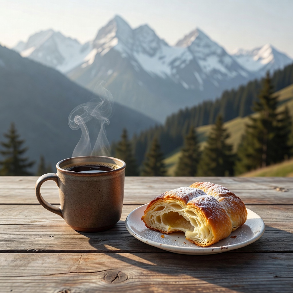 Warm cup of coffee and fresh alpine pastry on outdoor wooden table