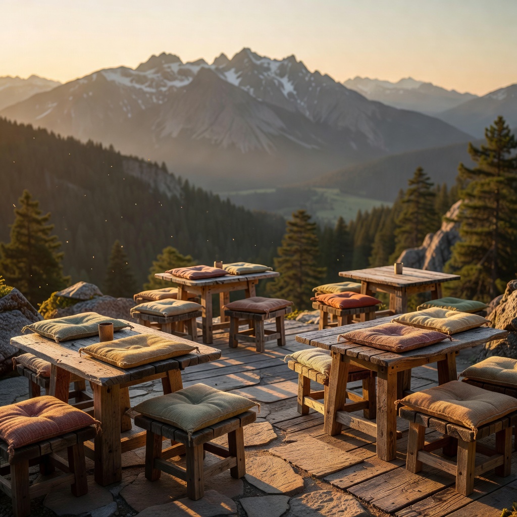 Warmly lit outdoor mountain terrace dining seats