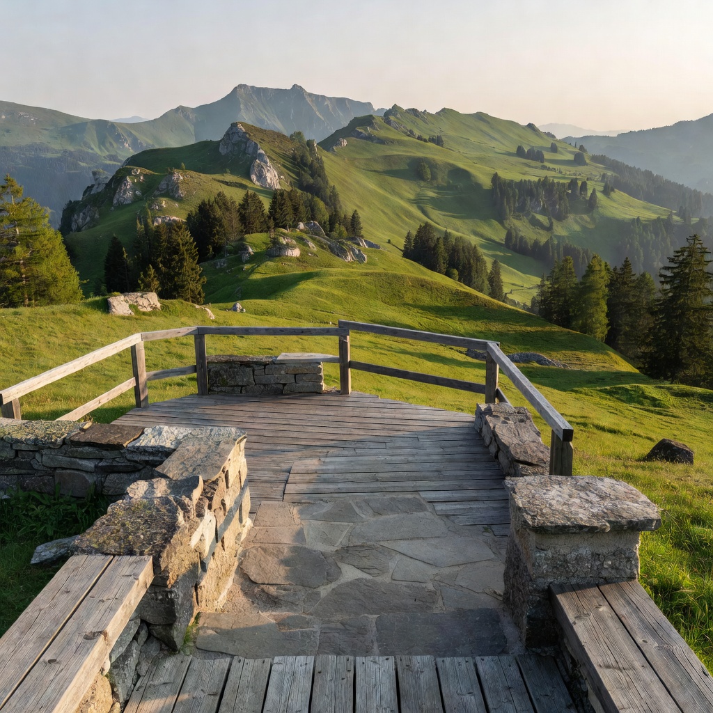 Wide view of timber and stone terrace looking out over green Swiss alpine hills